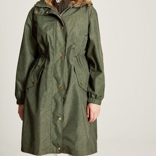 joules green raincoat on model