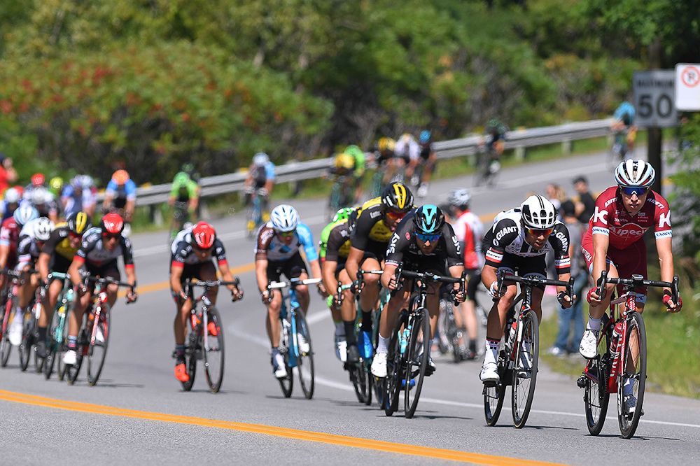The peloton is strung out on a descent in Montreal
