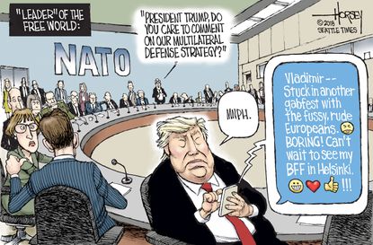 Political cartoon U.S. NATO free world Trump texting Vladimir Putin Russia defense