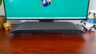 BlueAnt Soundblade under monitor soundbar sitting on desk under LG display face on