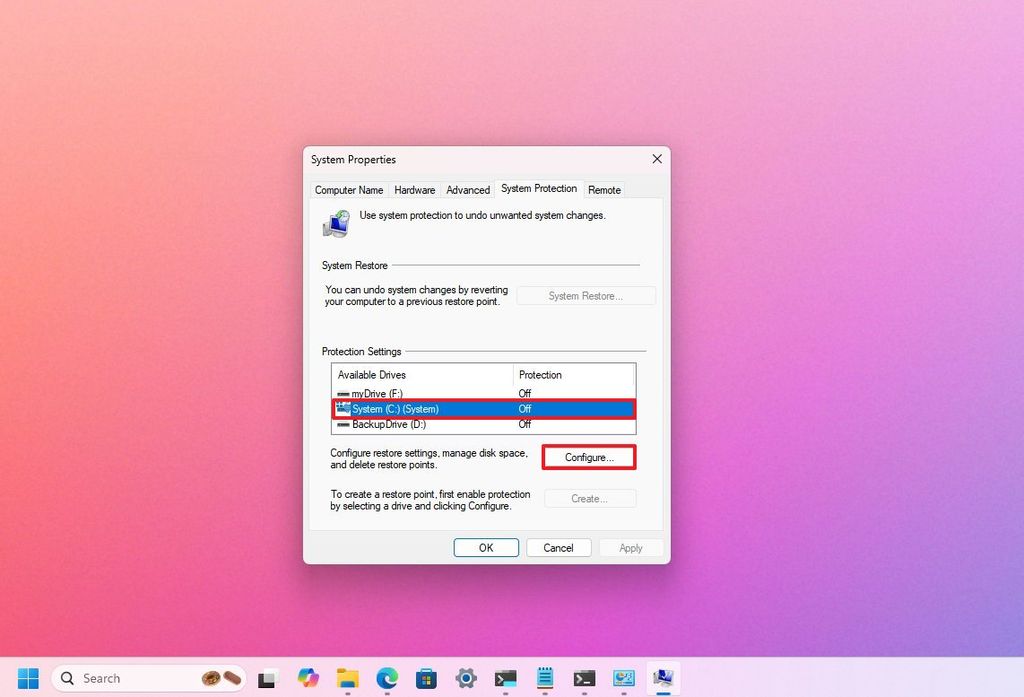 System Restore configure