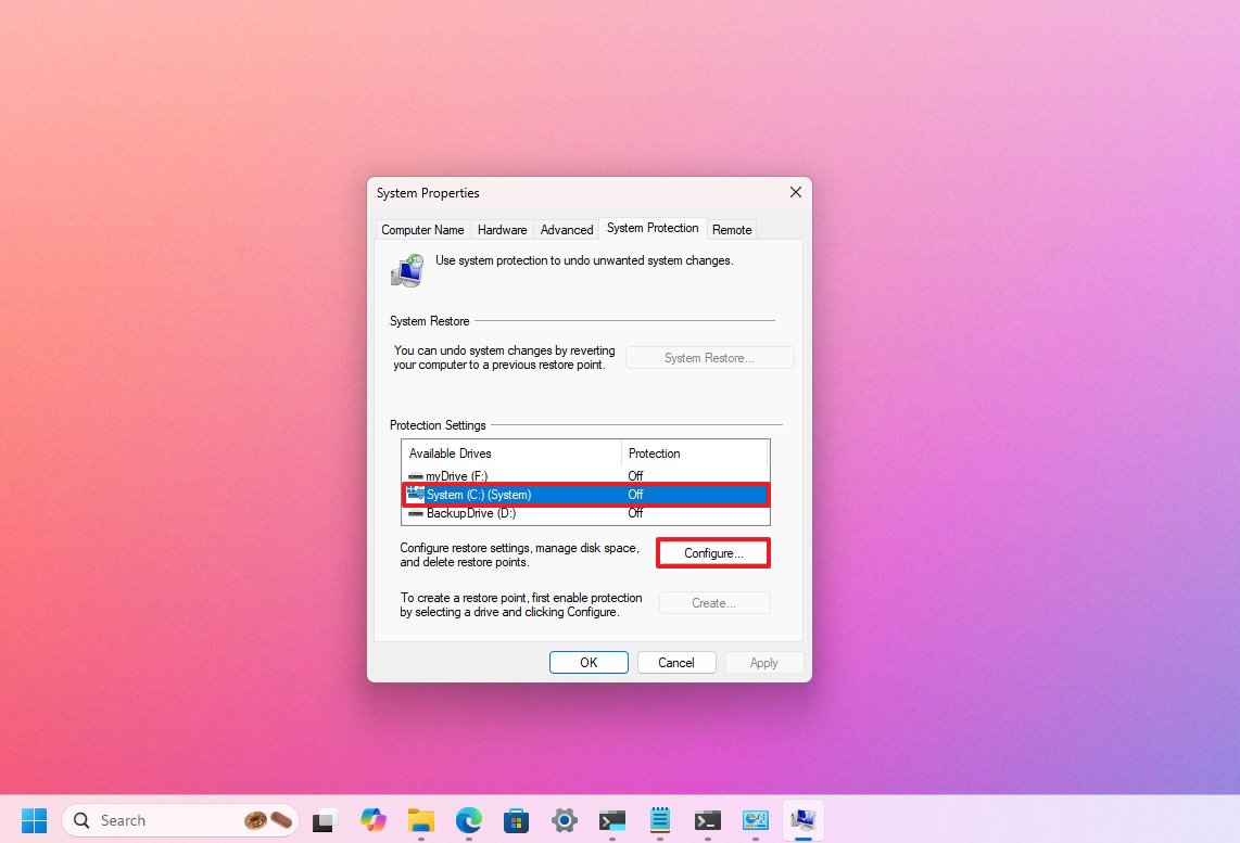 System Restore configure