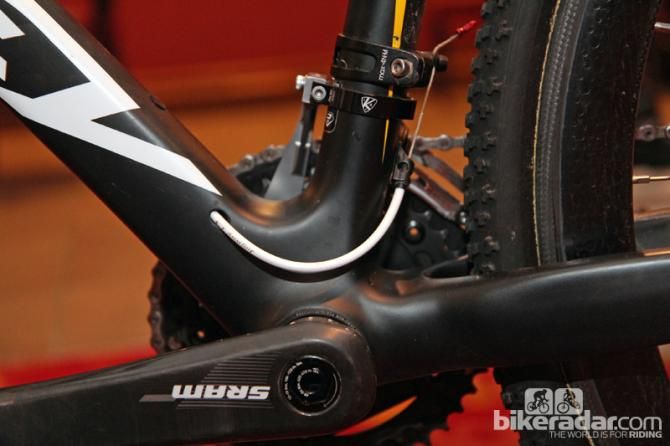 The PF30 bottom bracket shell is filled with adapters for the threaded cups.
