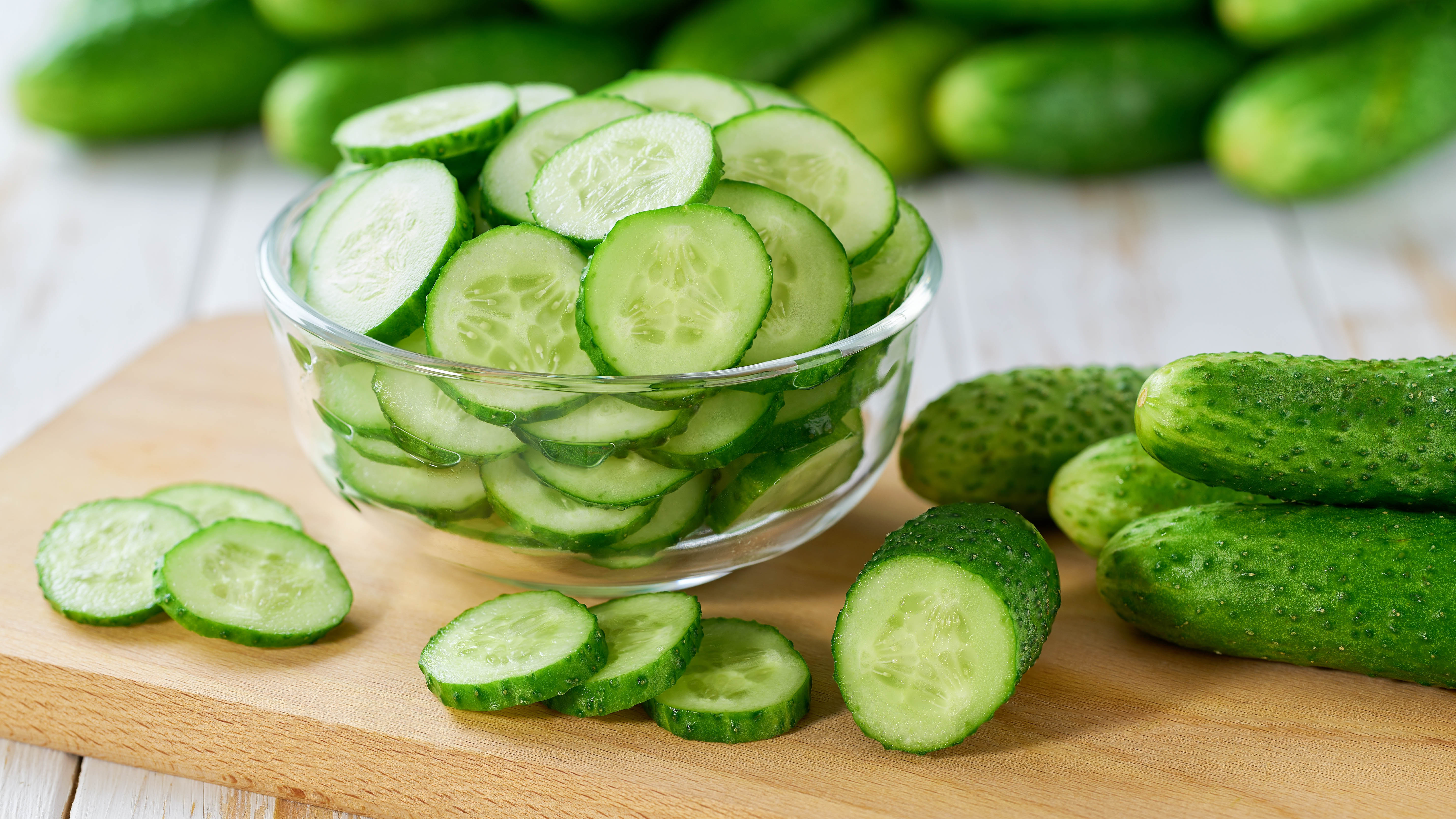 Glass bowl of cucumber slices