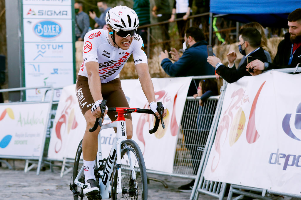 ALCALA LA REAL SPAIN FEBRUARY 17 Benoit Cosnefroy of France and Ag2R Citroen Team crosses the finishing line during the 68th Vuelta A Andalucia Ruta Del Sol 2022 Stage 2 a 1506km stage from Archidona to Alcal La Real 982m 68RdS on February 17 2022 in Alcala la Real Spain Photo by Bas CzerwinskiGetty Images
