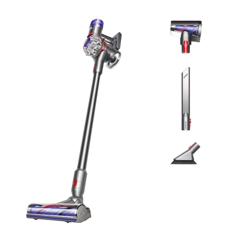 Dyson V8 Plus cordless vacuum, cleans hard floors and carpets, detangles, converts to handheld, 115aw, 2 power modes, up to 40 minutes.