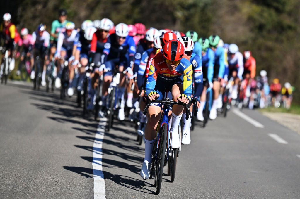 BELLEGARDE FRANCE FEBRUARY 05 Martin Pedersen of Denmark and Team Lidl Trek leads the peloton during the 55th Etoile de Besseges Tour du Gard 2025 Stage 1 a 15907km stage Bellegarde to Bellegarde on February 05 2025 in Bellegarde France Photo by Billy CeustersGetty Images