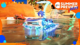 Sonic Racing: CrossWorlds screenshot of Sonic in a vehicle going over water with Knuckles racing up behind him with GR+'s Summer Preview 2025 banner