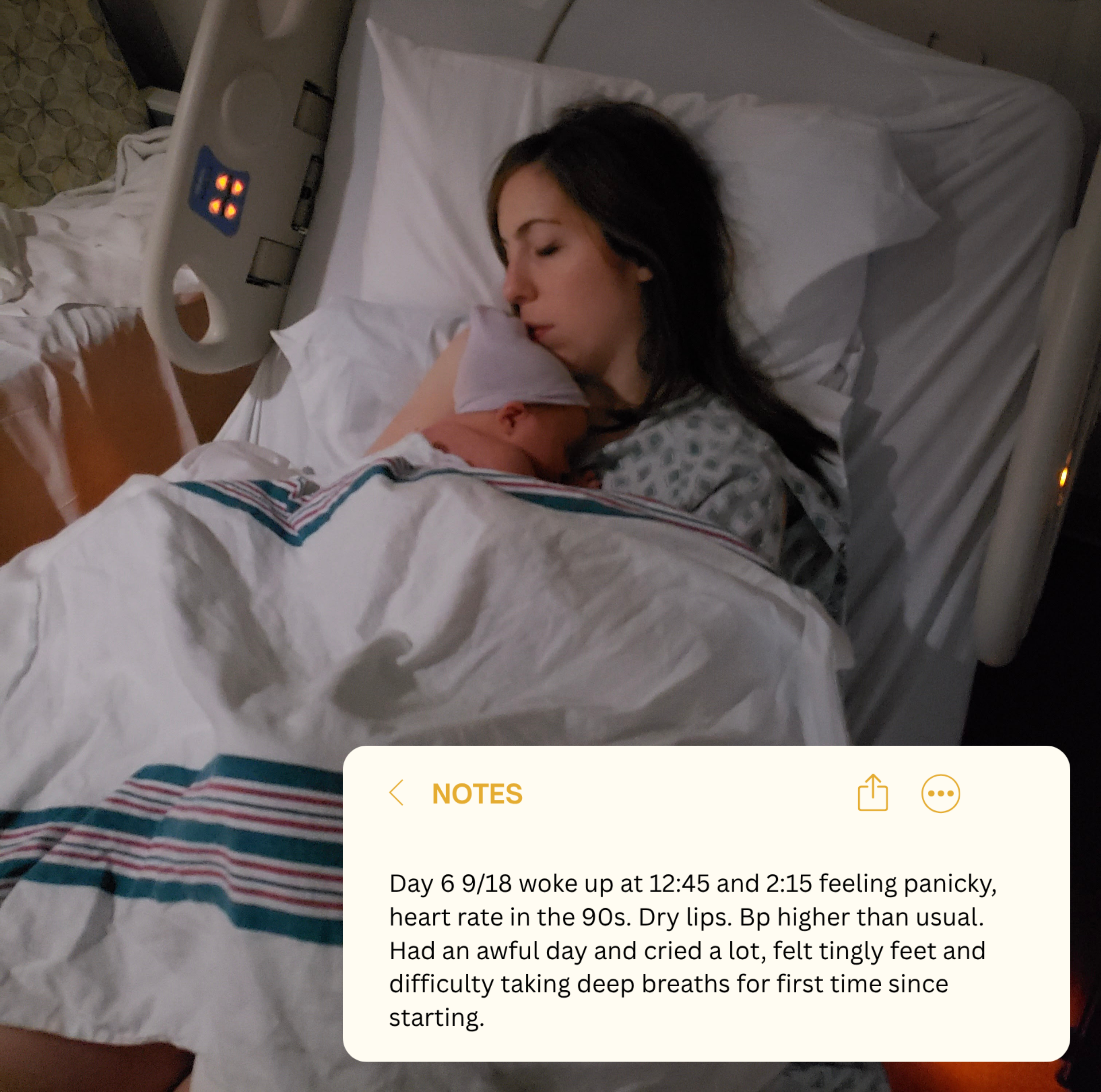 Jamie lies in a hospital bed holding her newborn, with a Notes entry overlaid describing waking up feeling panicky, an elevated heart rate, crying, tingling feet, and difficulty taking deep breaths.