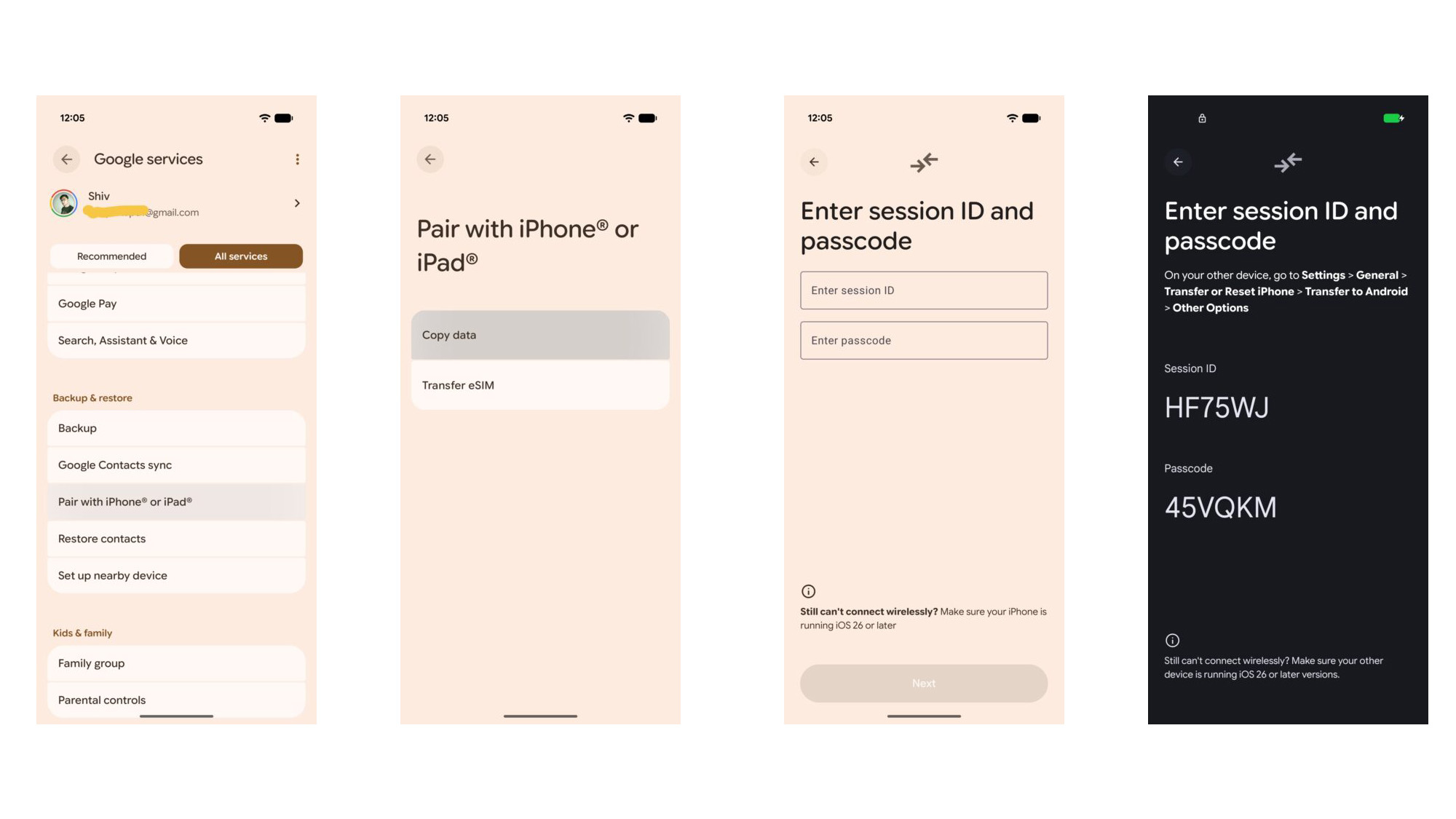 Screenshots showing the new Android options for switching to iPhone