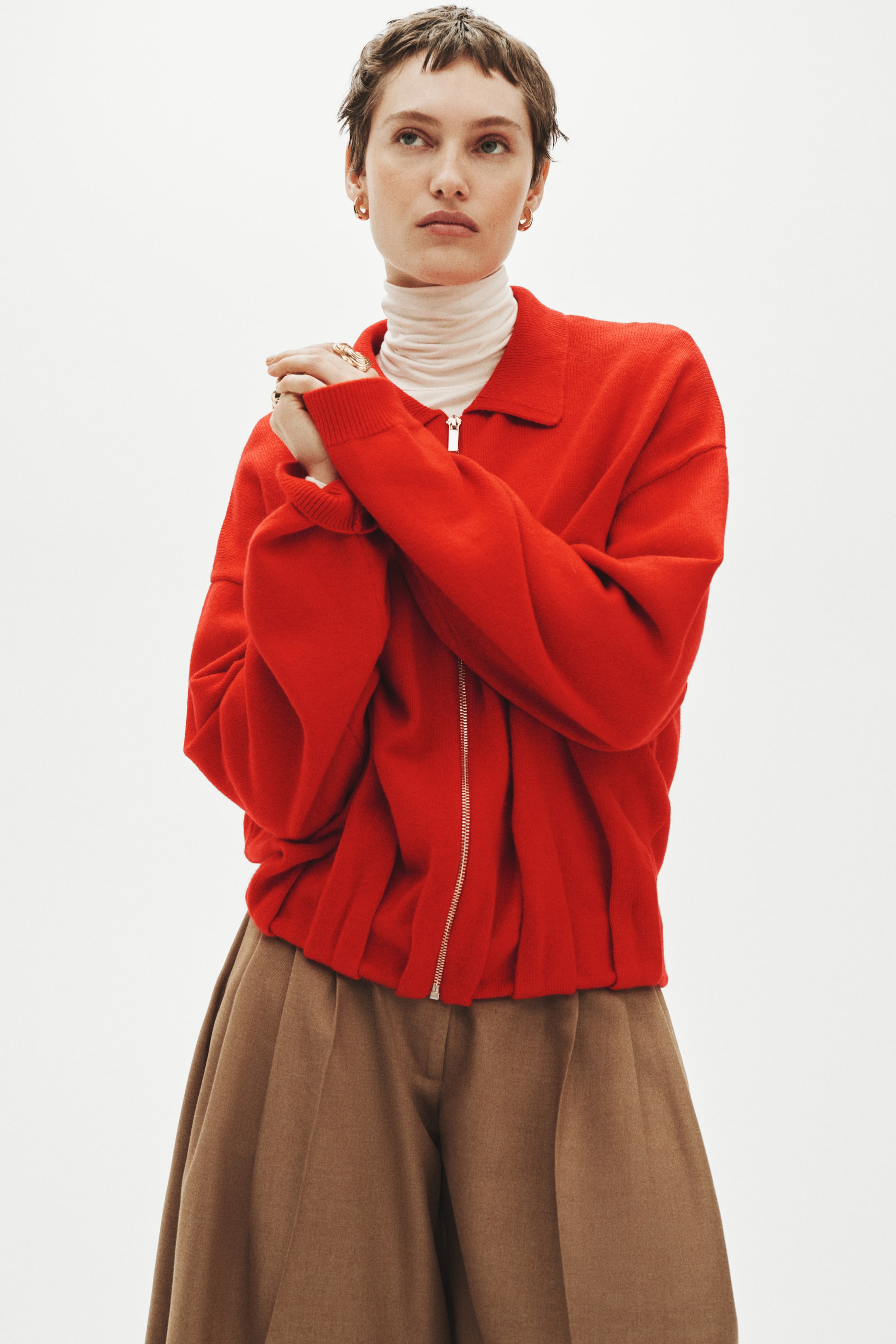 Oversized Cardigan With Zipper - Red