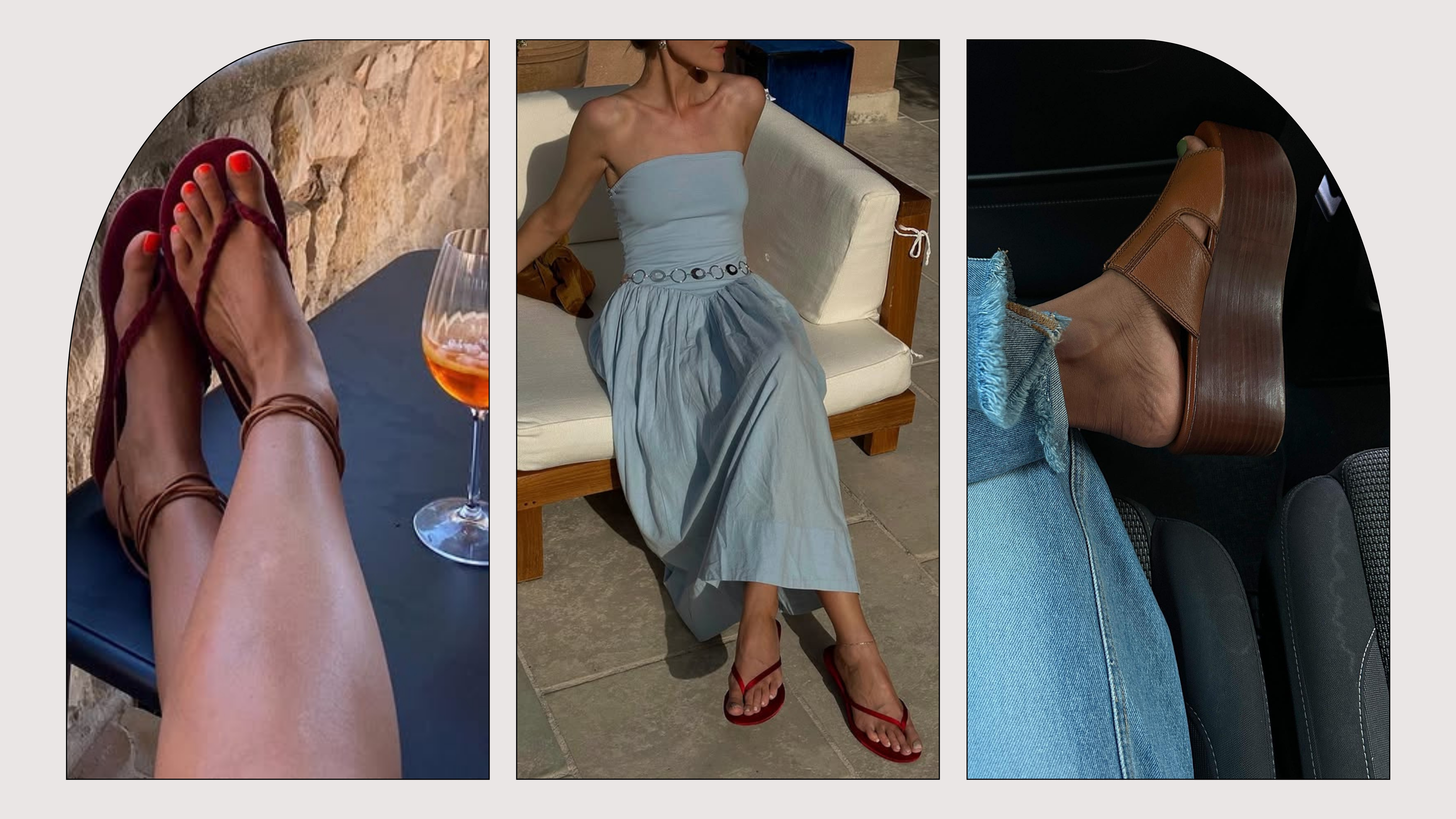 A selection of fashion people wear some of 2025's biggest sandals trends, including ankle-tie, red and wooden wedge styles