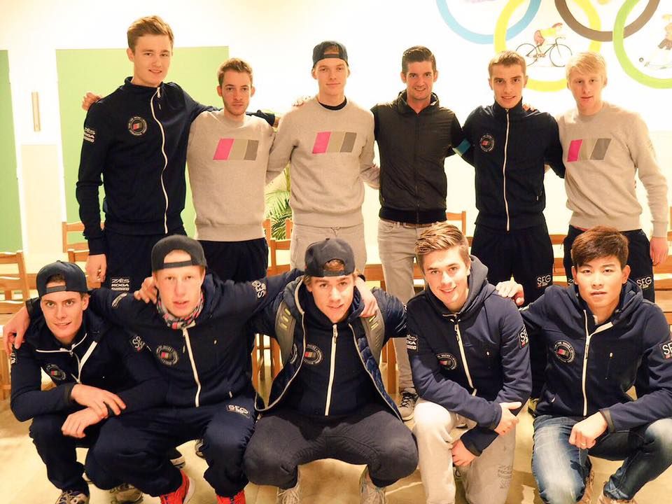 The promising talents posing with the pro: SEG Racing Academy and Wout Poels from Team Sky together in Eindhoven