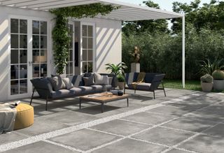 modern paving ideas: grey tiles with gravel interlay porcelain superstore