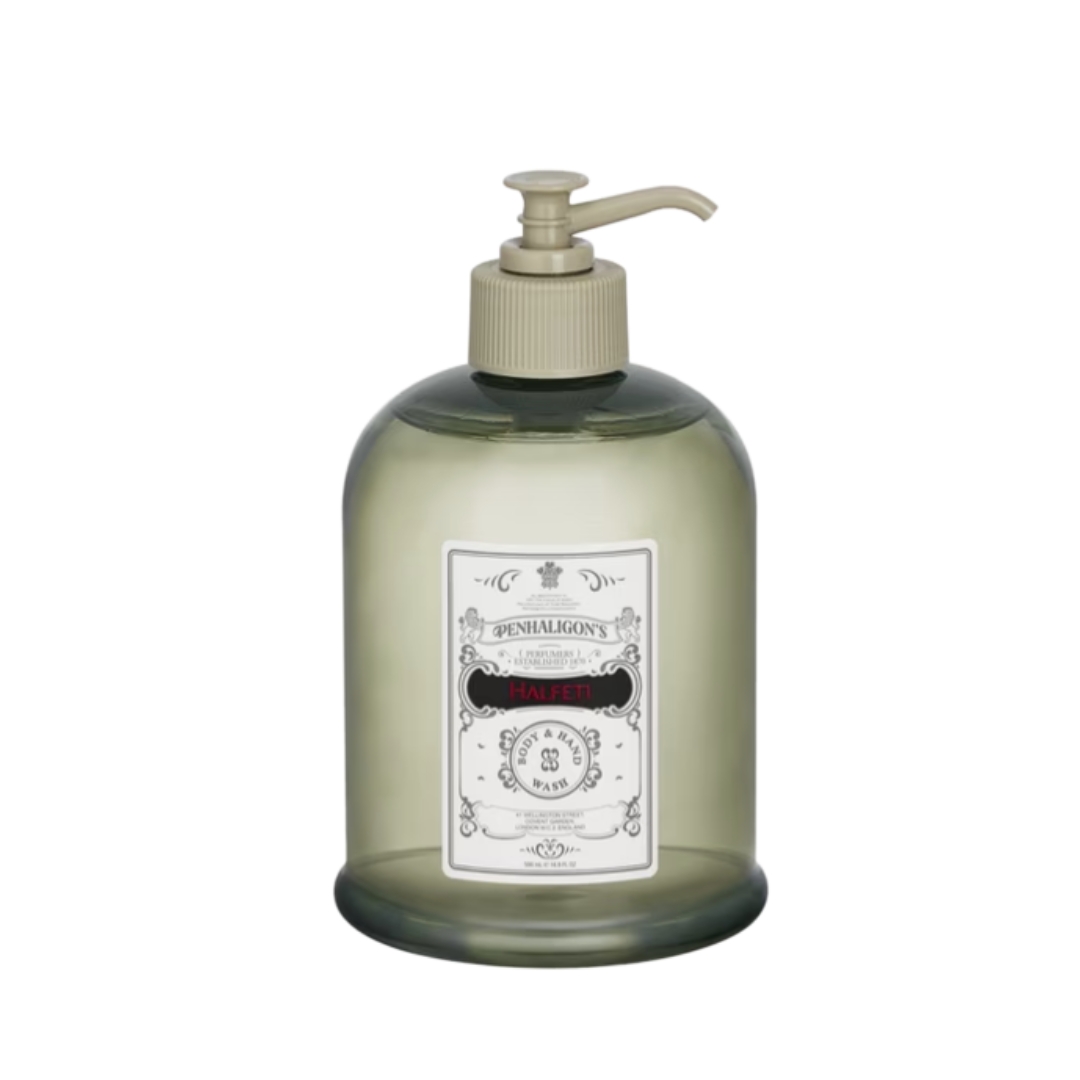 A product shot of the Penhaligon's Halfeti body wash, on a white background