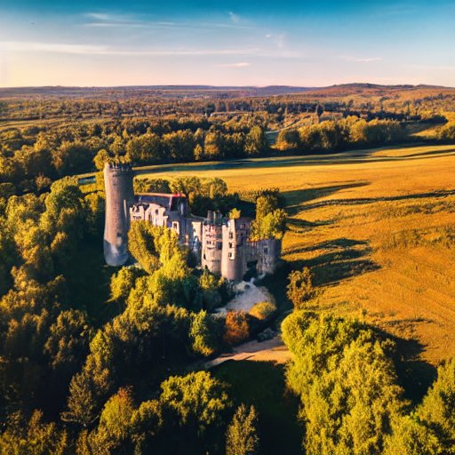 ai generated image of drone shot of a castle beautiful morning light
