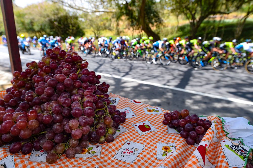 Grapes on the table as the Colombia Oro y Paz peloton passes