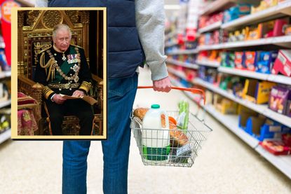 A collage of King Charles and a man holding a basket of shopping in a supermarket