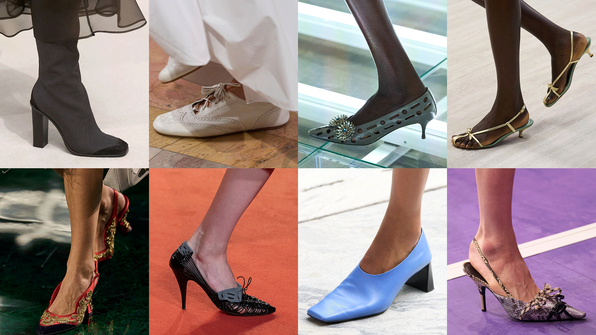 a collage of detail and full look runway images from the spring/summer 2027 collections featuring the major shoe trends