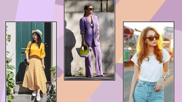 three street-style images with women wearing stylish summer outfits, to illustrate a capsule wardrobe 2022
