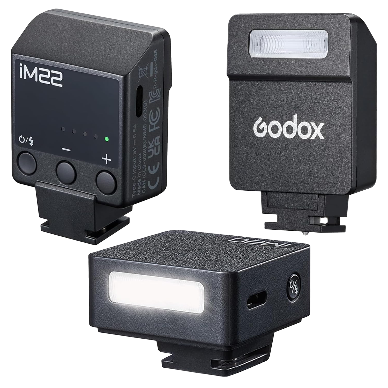 Composite showing front and rear of a Godox iM22 flashgun and front of a Godox iM20 flashgun in a white square