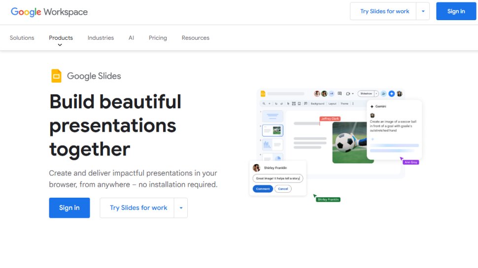 Website screenshot of Google Slides (August, 2025)