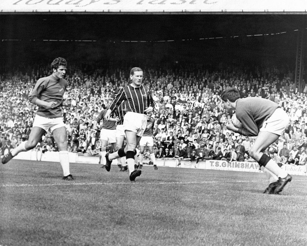 English League Division Two match at Ninian Park. Cardiff City 0 v Crystal Palace 4. Crystal Palace's goalkeeper John Jackson collects the ball as City's John Toshack closes in on goal watched by Palace defender John Sewell10th August 1968. (Photo by Western Mail Archive/Western Mail Archive/Mirrorpix via Getty Images) Tottenham