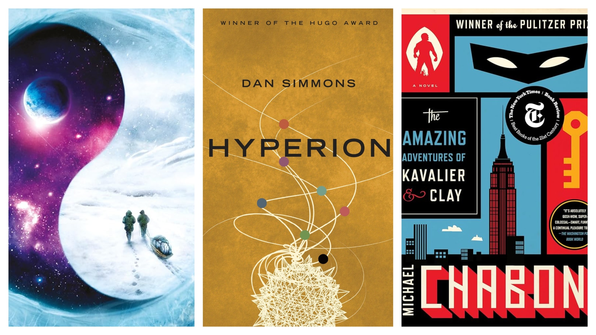 Three book covers sliced together, from left ot right: The Left Hand of Darkness, Hyperion and The Amazing Adventures of Kavalier &amp; Clay