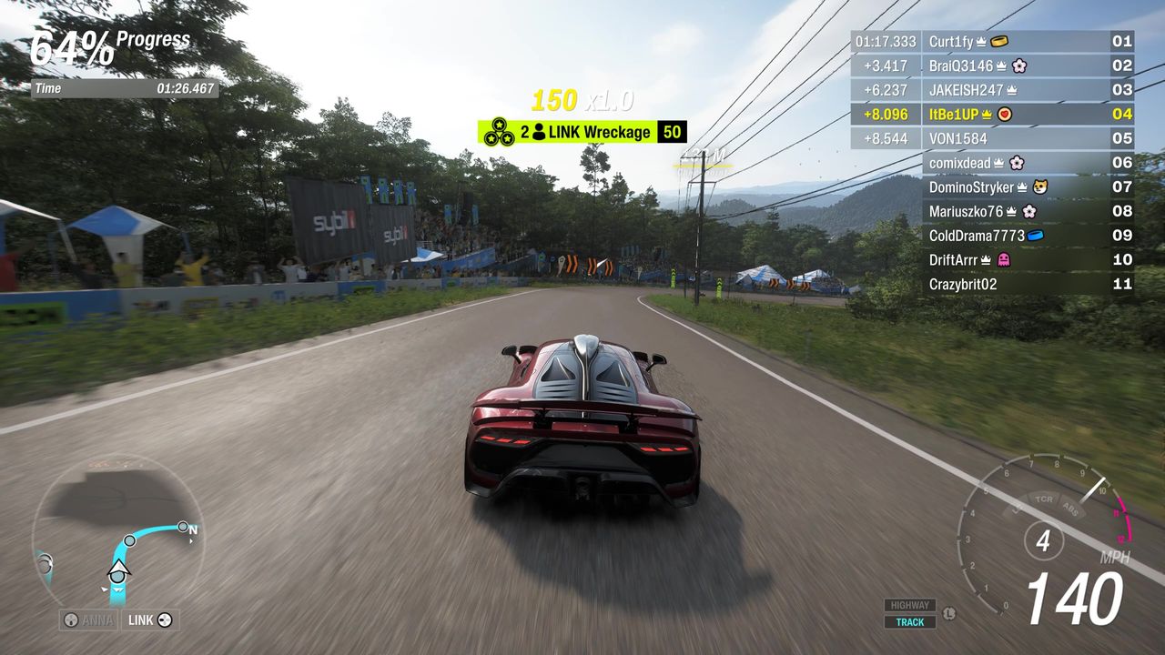 Forza Horizon 6 Link Skills: A player performing a Wreckage Link Skill during a multiplayer race.
