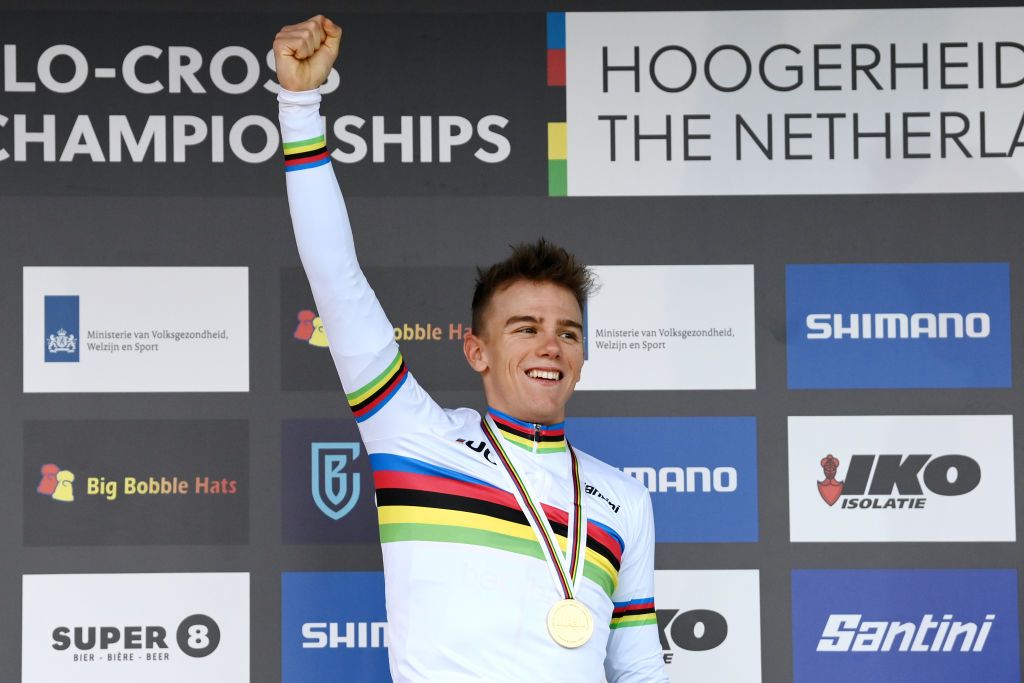 HOOGERHEIDE NETHERLANDS FEBRUARY 04 Thibau Nys of Belgium celebrates at podium as Gold medal during the 74th World Championships CycloCross 2023 Mens U23 CXWorldCup Hoogerheide2023 on February 04 2023 in Hoogerheide Netherlands Photo by David StockmanGetty Images