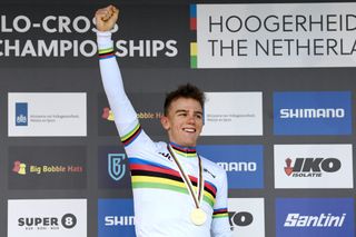 HOOGERHEIDE NETHERLANDS FEBRUARY 04 Thibau Nys of Belgium celebrates at podium as Gold medal during the 74th World Championships CycloCross 2023 Mens U23 CXWorldCup Hoogerheide2023 on February 04 2023 in Hoogerheide Netherlands Photo by David StockmanGetty Images