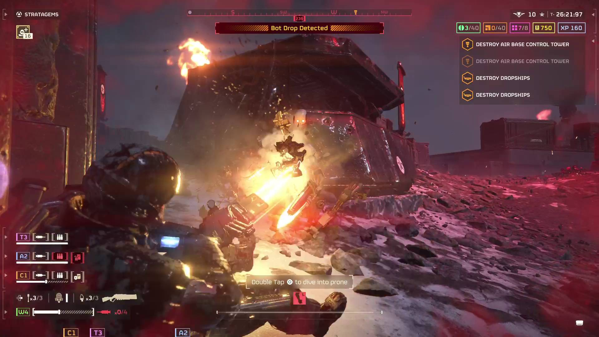 Helldivers 2 Siege Breakers Warbond helldiver laying on their back firing the Trident laser shotgun at automaton bots