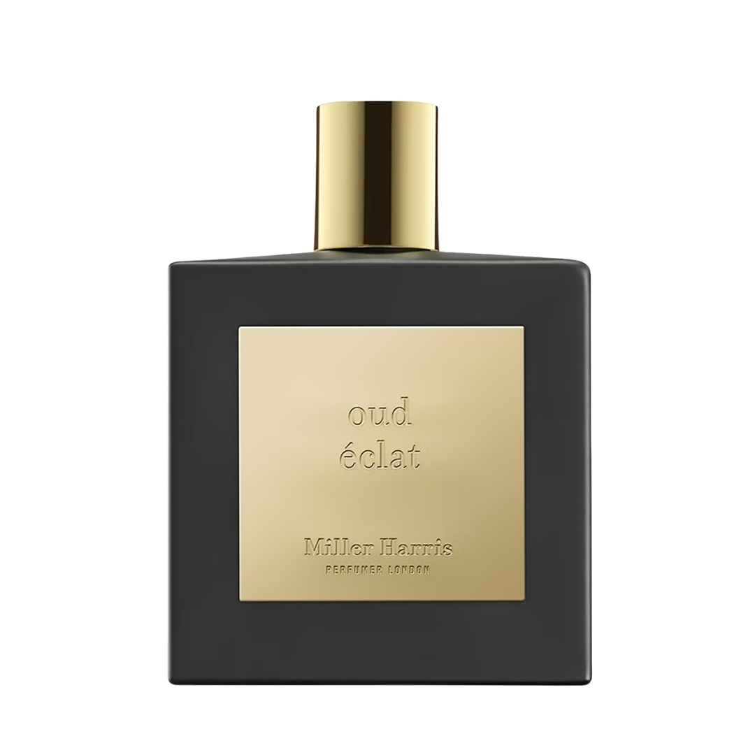 A product shot of the Miller Harris Oud Eclat Eau de Parfum, on a white background