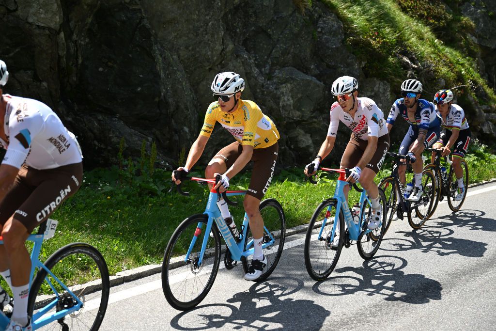 LA PUNT SWITZERLAND JUNE 15 LR Felix Gall of Austria Yellow Leader Jersey and Clement Berthet of France and Ag2R Citron Team compete during the 86th Tour de Suisse 2023 Stage 5 a 211km stage from Fiesch to La Punt 1696m UCIWT on June 15 2023 in La Punt Switzerland Photo by Dario BelingheriGetty Images