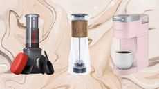 A trio of portable coffee makers from Aeropress, Planetary Design and K-Slim on a brown marble swirled graphic background 