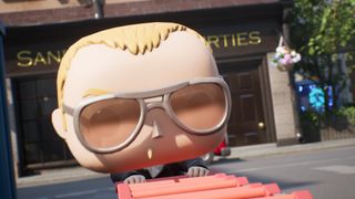 Screenshot from Funko Fusion showing Nicholas Angel from "Hot Fuzz" pushing a string of shopping carts