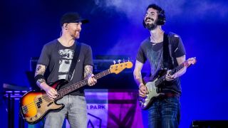 The guitarist Brad Delson and the bass player Phoenix (David Michael Farrell) from Linkin Park in concert for the iDays Festival 2017 at the Autodromo Nazionale di Monza. Monza, Italy. 17th June 2017 