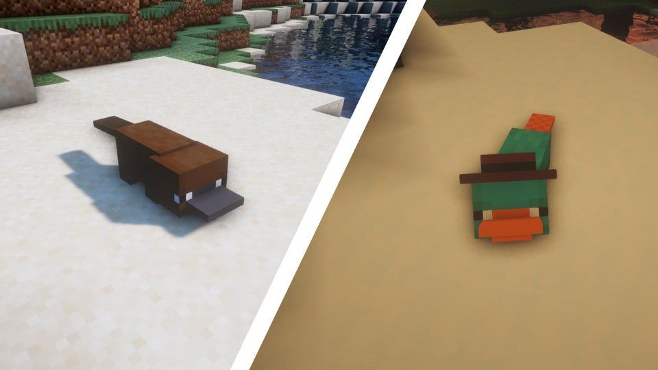 Two little platypuses in Minecraft.