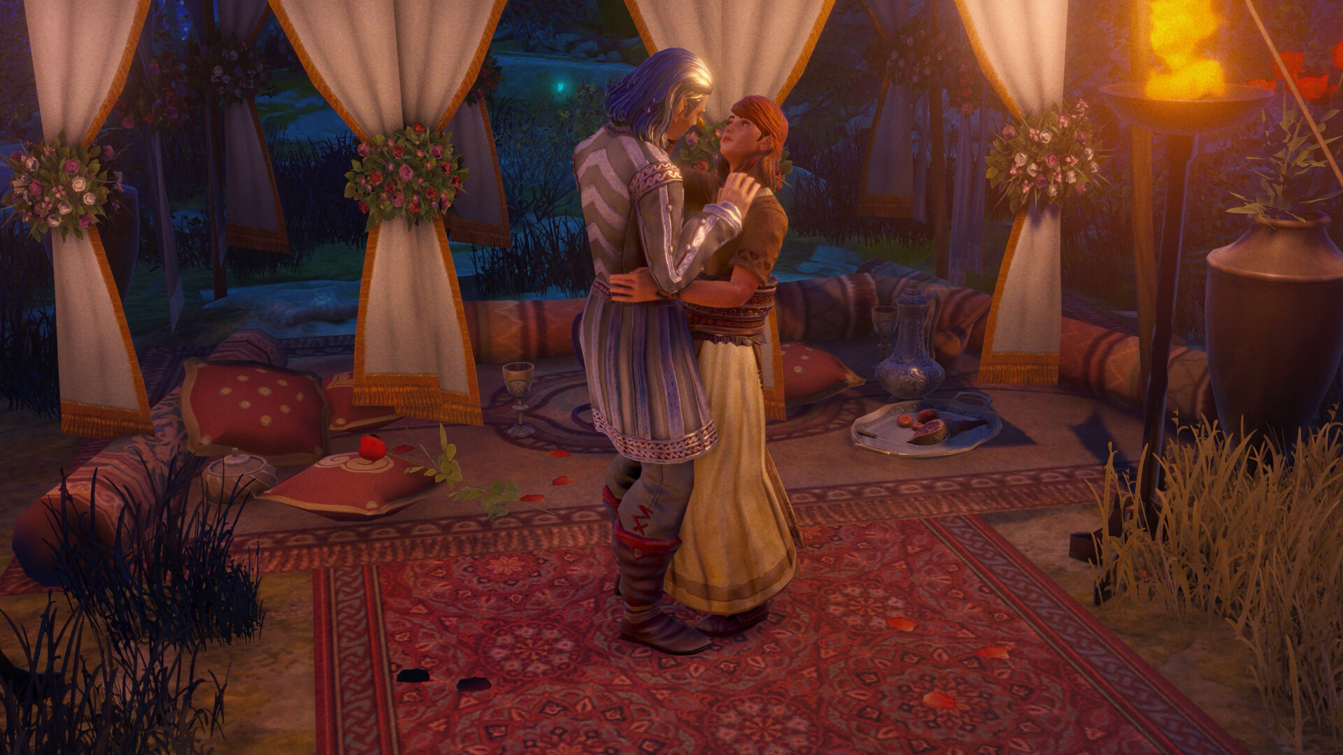 Two characters on a romantic date during the RPG Pathfinder: Wrath of the Righteous