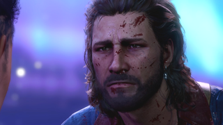 Gale, a wizard from Baldur's Gate 3, looks very bloodied and very sad at the player while a celestial midnight blooms behind his depressed mug.