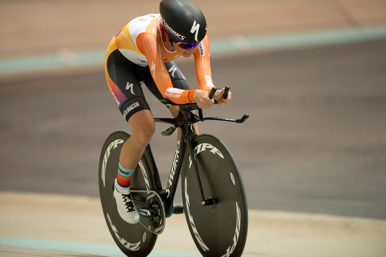 Evelyn Stevens powers along during her UCI Hour Record attempt