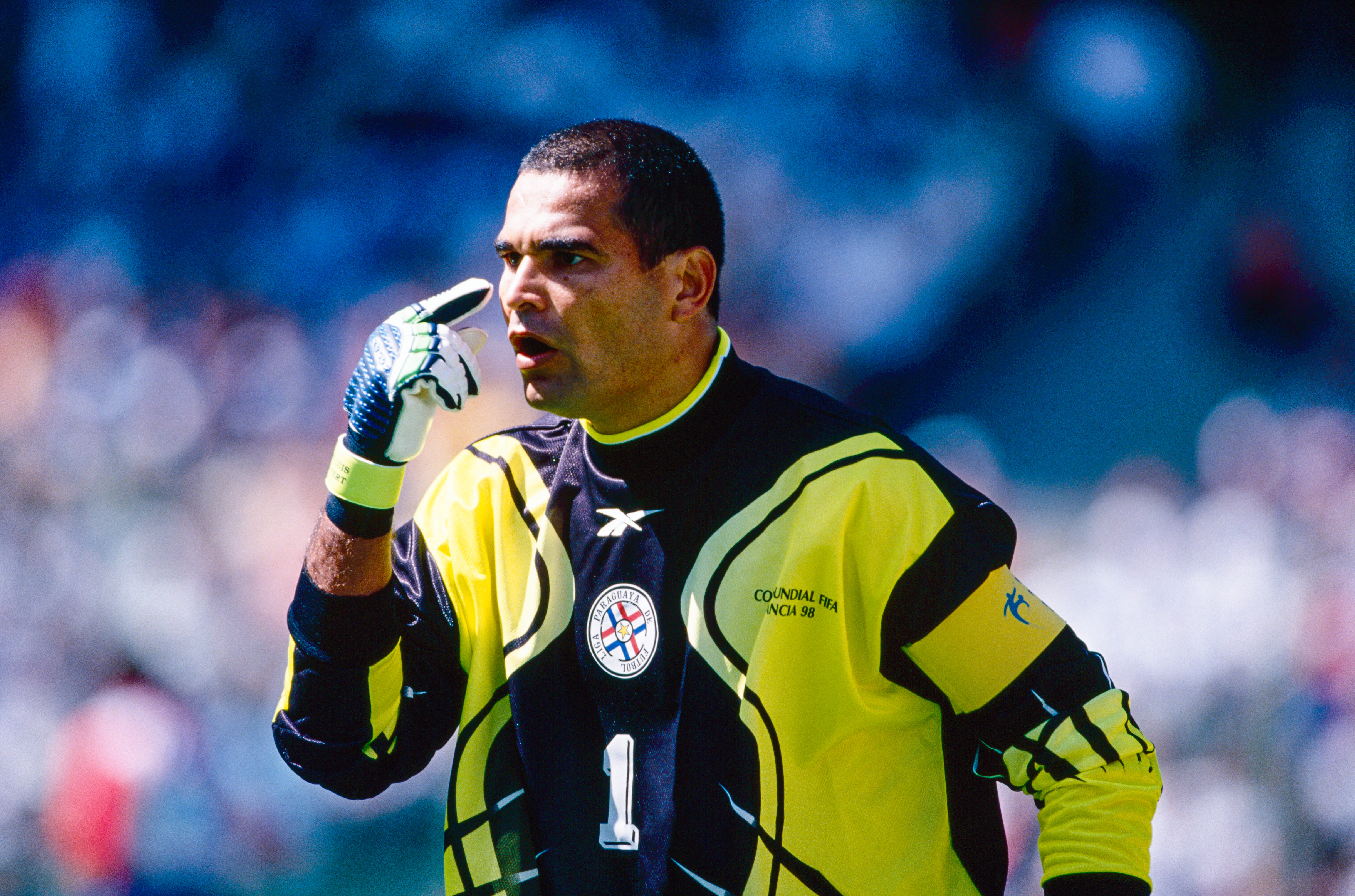 Jose Luis Chilavert in action for Paraguay against France at the 1998 World Cup.