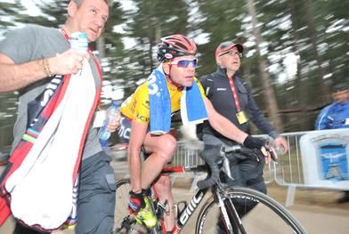 Evans is rushed to the presentation area after the stage