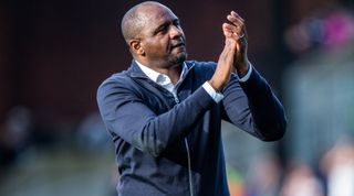Crystal Palace manager Patrick Vieira applauds the fans after the Premier League match between Crystal Palace and Leeds United on 9 October, 2022 at Selhurst Park, London