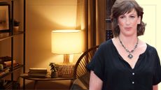 picture of a cosy lamp on in a living room with a cut out of miranda hart over top