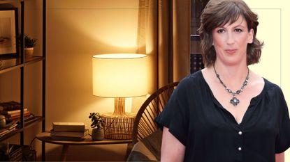 picture of a cosy lamp on in a living room with a cut out of miranda hart over top