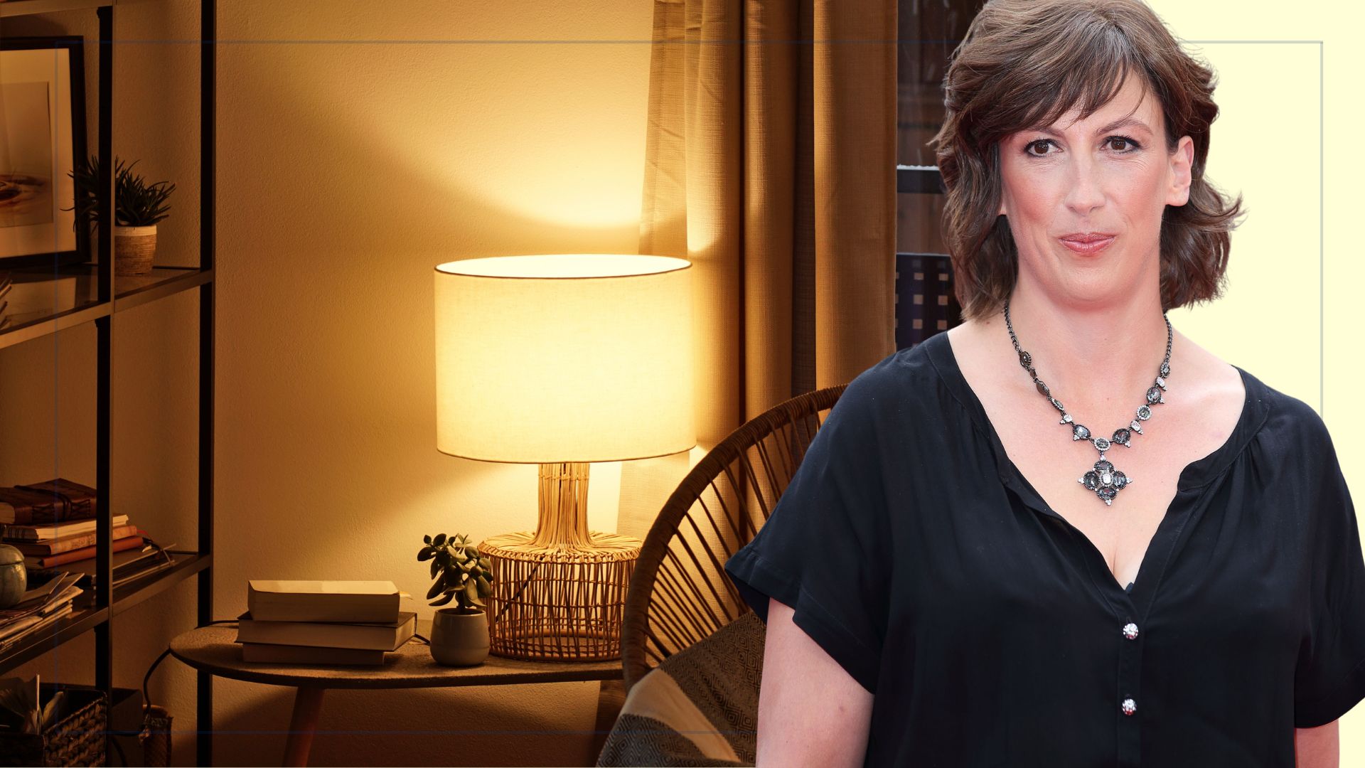 picture of a cosy lamp on in a living room with a cut out of miranda hart over top 
