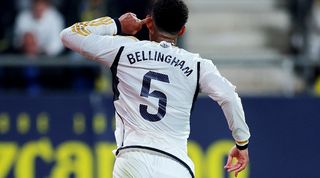 Jude Bellingham celebrates after scoring for Real Madrid against Cadiz in LaLiga in November 2023.