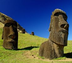 Easter Island "heads" on the slope of Rano Raraku volcano.