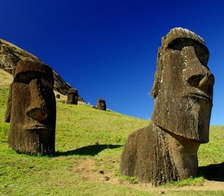 Easter Island "heads" on the slope of Rano Raraku volcano.